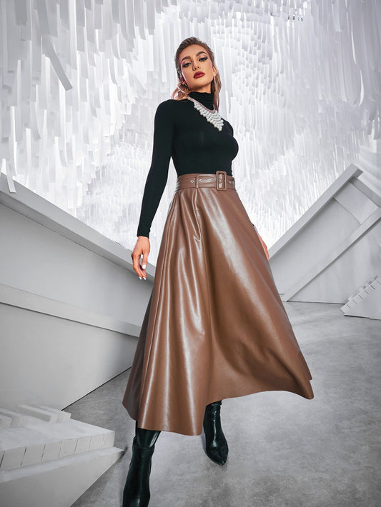 Women's flared maxi leather skirts in brown