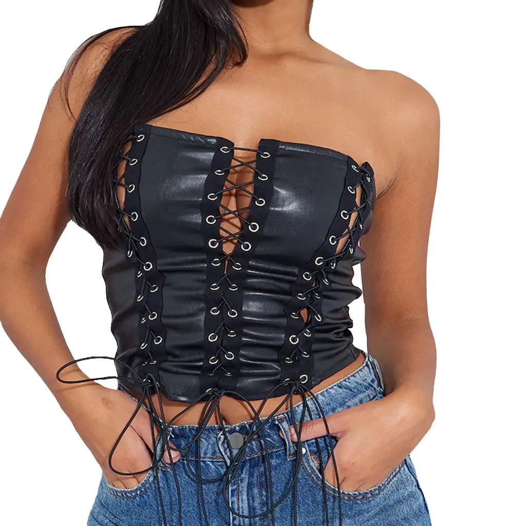 Multi Lace Up Detailing women corset top in faux leather cropped length front