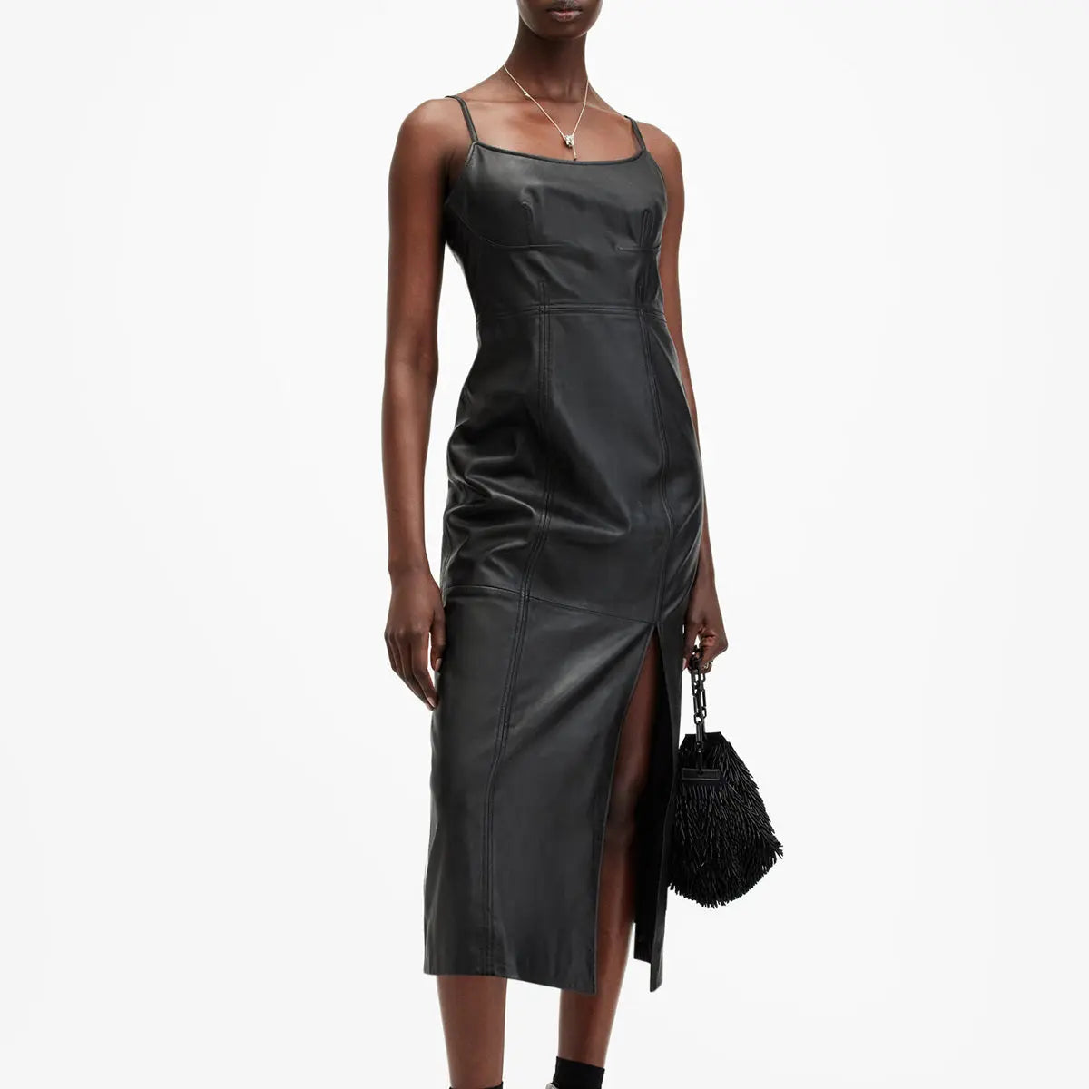 Scoop Neck Genuine Leather Midi Dress In Black LeatherViz Scoop Neck Genuine Leather Midi Dress In Black LeatherViz