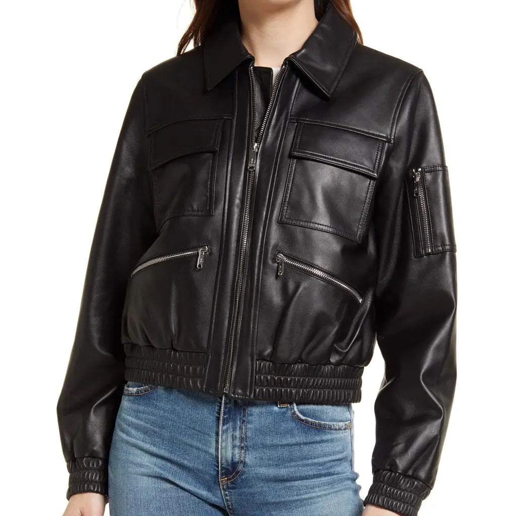 Genuine Leather Bomber Jacket Black