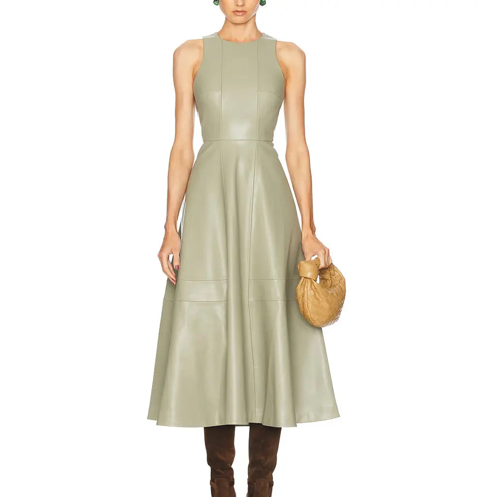 Genuine leather dress- Lambskin Leather Flared holiday outfit