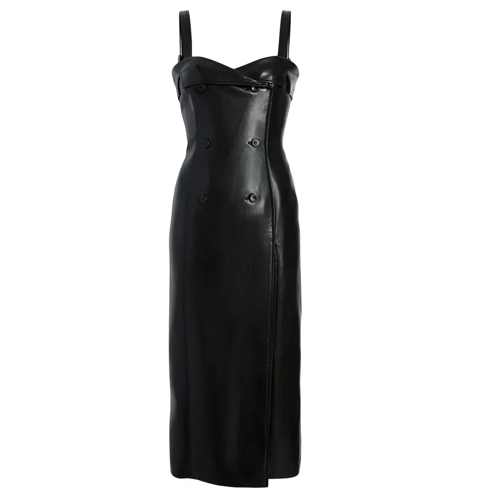 Woman's Autumn Winter Clothes SweetHeart Womens Double Breasted Details Leather Midi New Dress