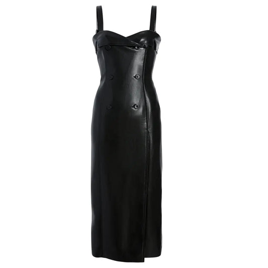 Woman's Autumn Winter Clothes SweetHeart Womens Double Breasted Details Leather Midi New Dress
