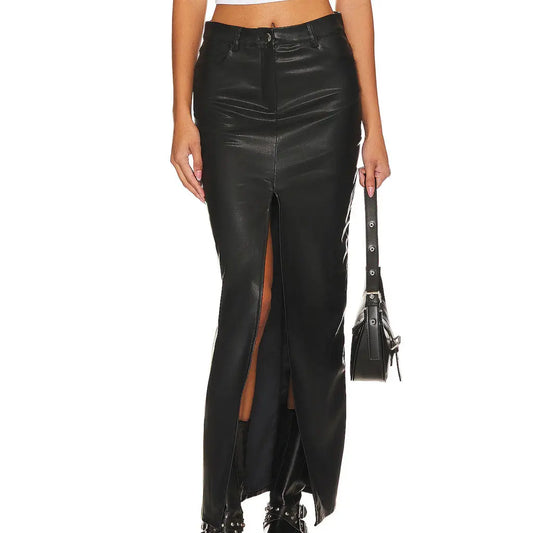 Spring Faux Leather Skirt Women's Slit - Image #1