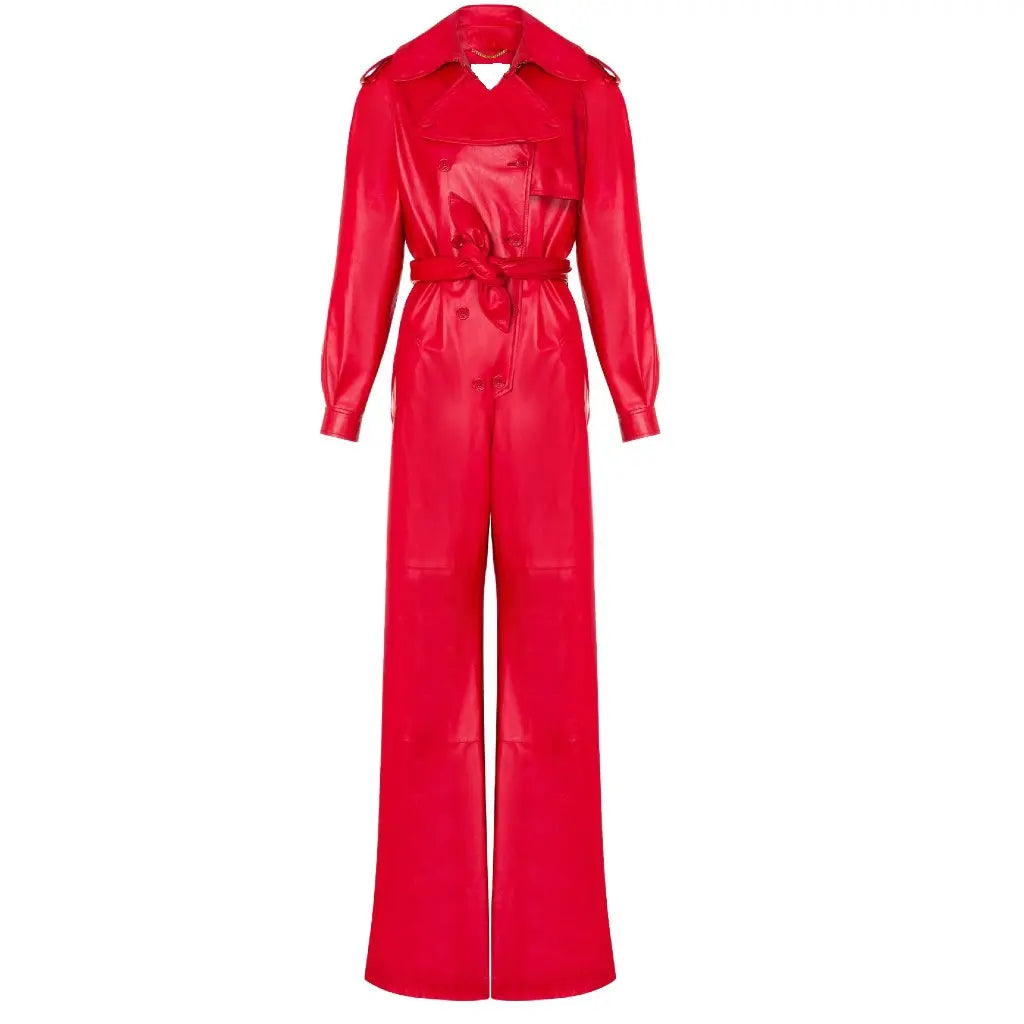 Stylish Windproof Double-Breasted Genuine Leather Jumpsuit in Red - Image #3