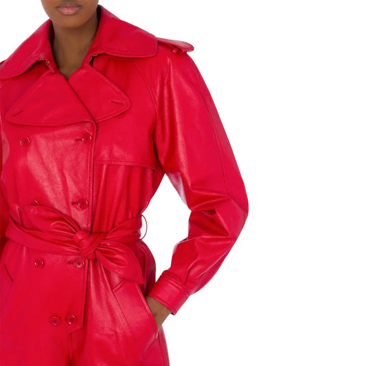 Stylish Windproof Double-Breasted Genuine Leather Jumpsuit in Red - Image #1