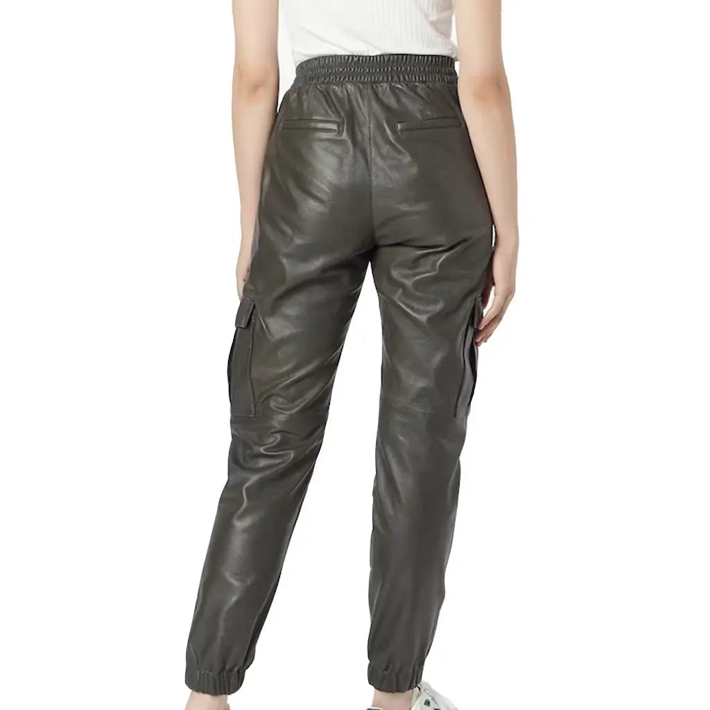 Elastic Waistband Tapered Leather Cargo Pants