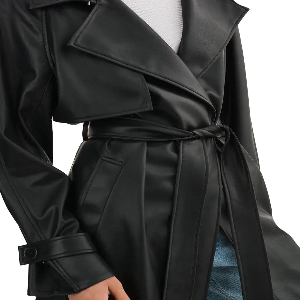 Women Black Leather Trench Paneled detailing oversized trench coat for fall