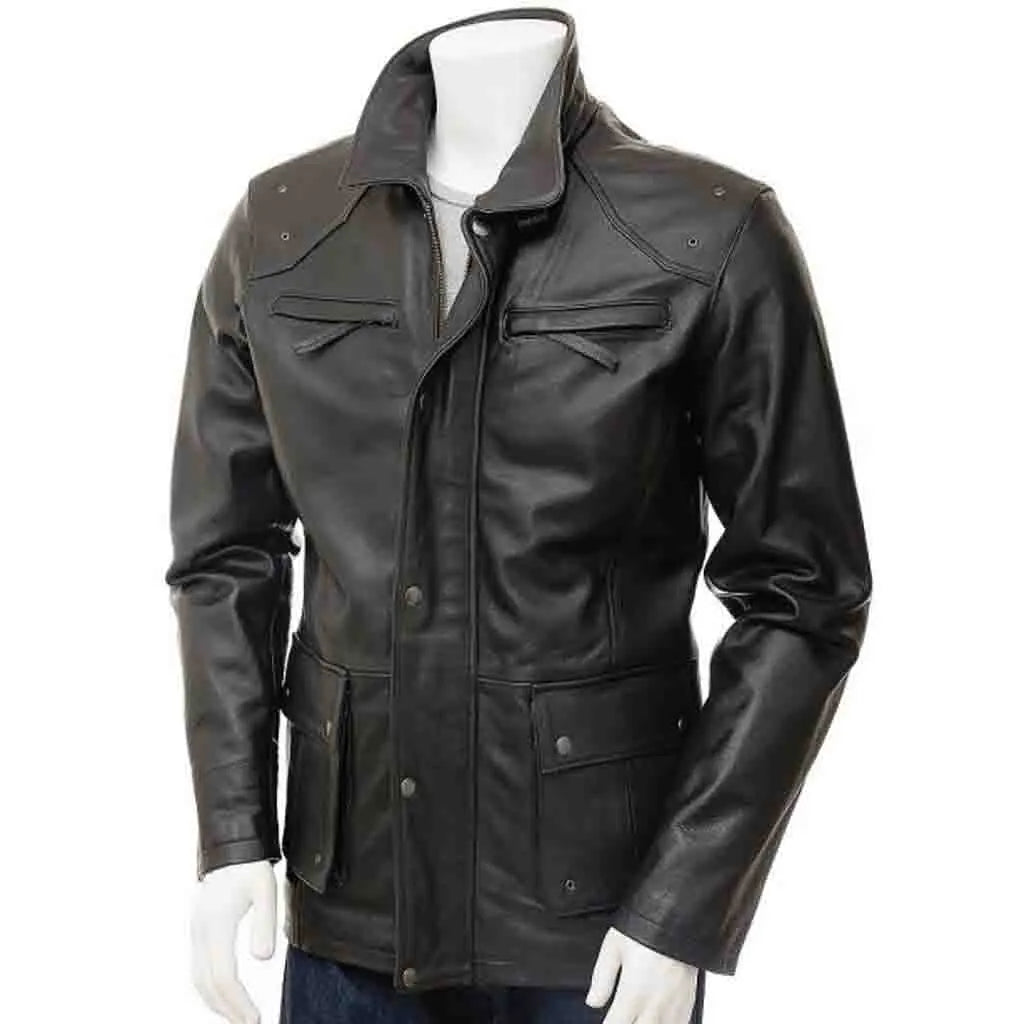 Men's Leather Motorcycle Coat In Black