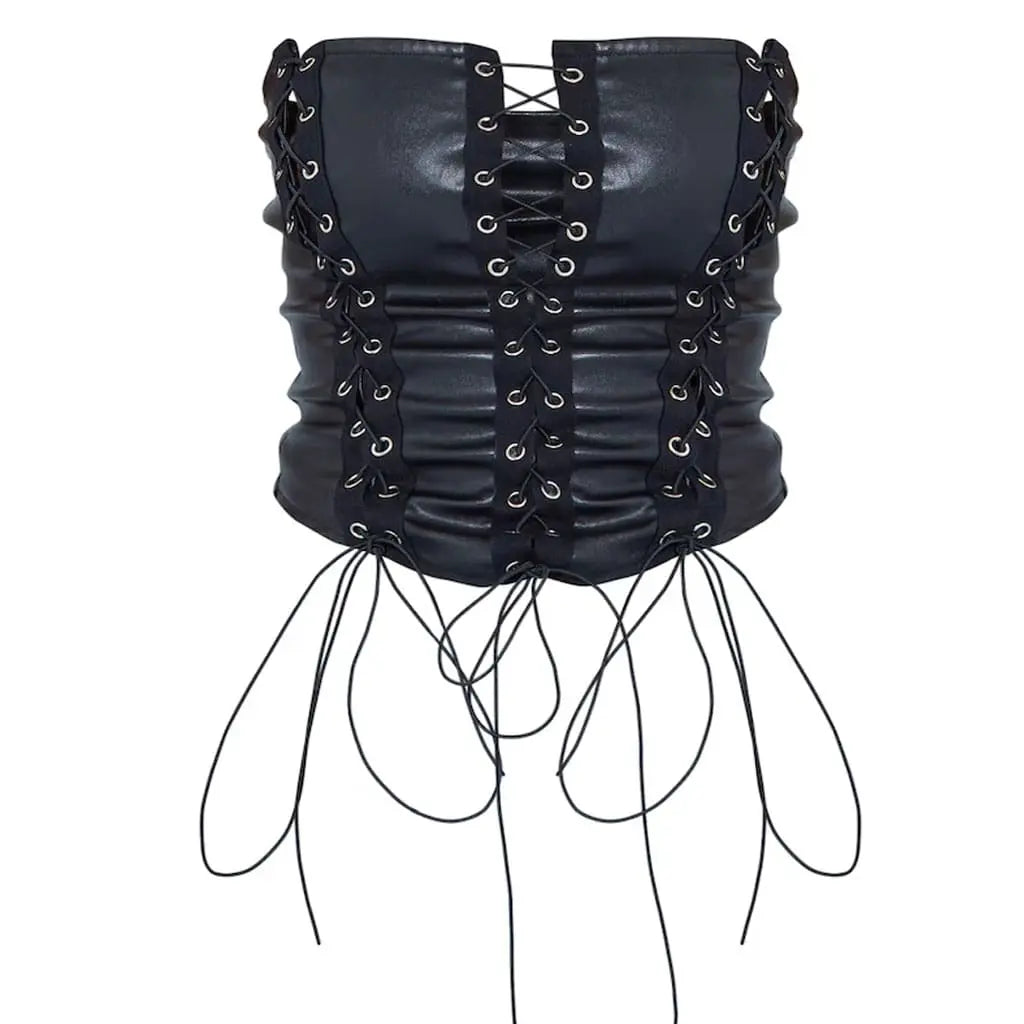 Multi Lace Up Detailing women corset top in faux leather cropped length