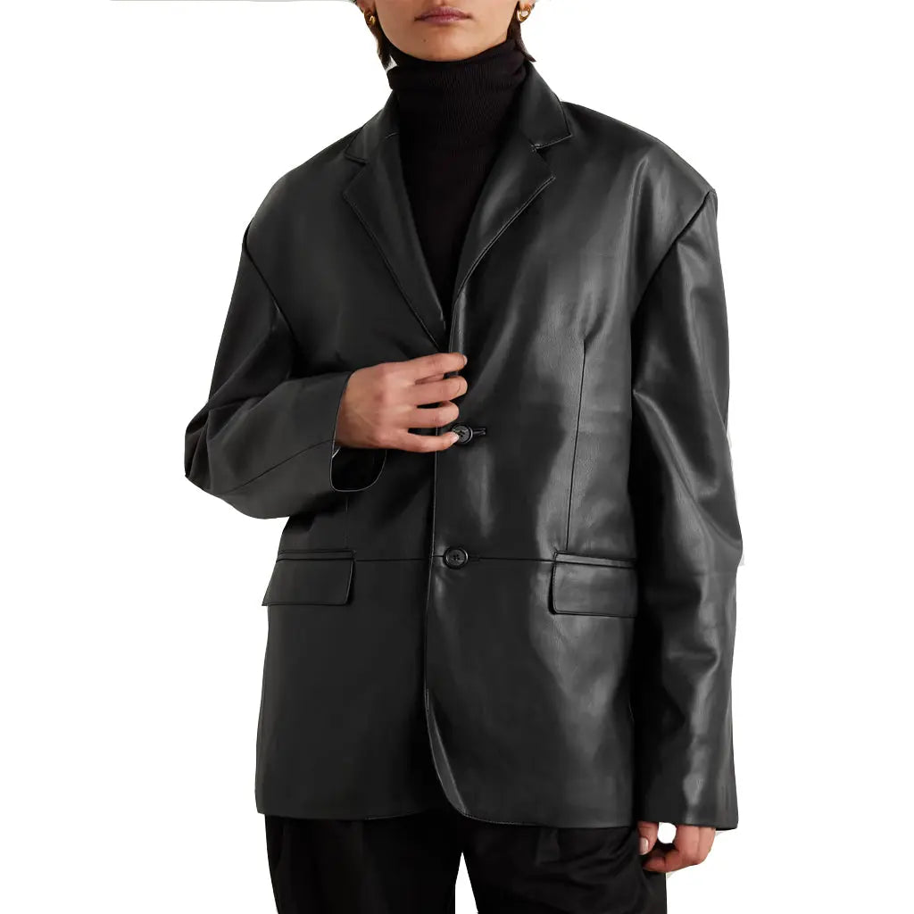 Real Leather oversized Two Button Classic Blazer