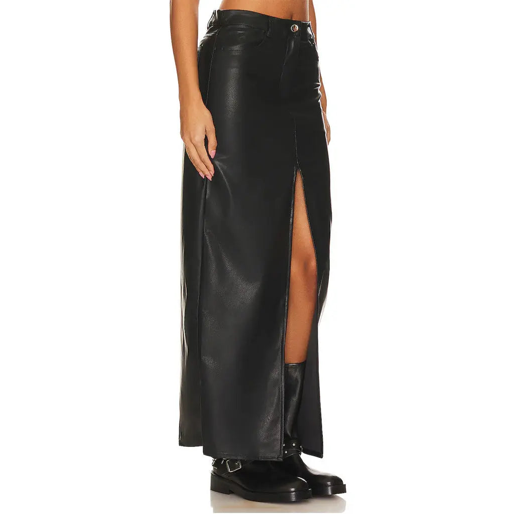 Spring Faux Leather Skirt Women's Slit - Image #3