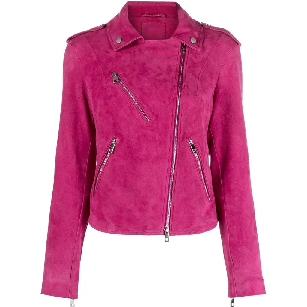 Womens Pink Suede Leather Biker Jacket