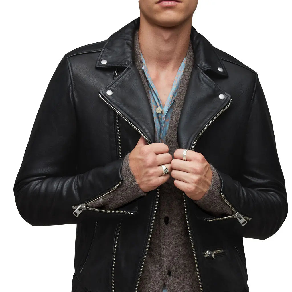 LeatherViz Mens Leather Biker Jacket In Black