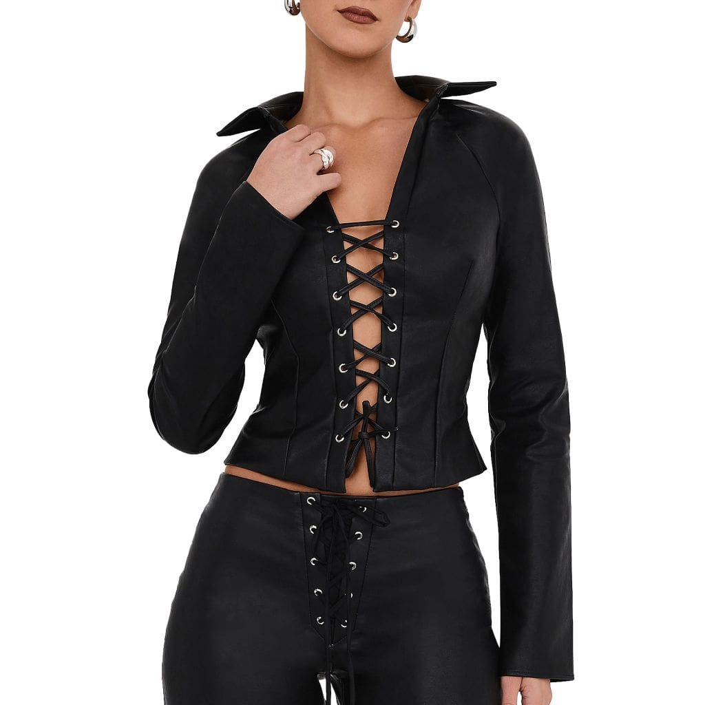 Women’s Black Leather Lace-Up Front Top – Gothic Halloween Outfit
