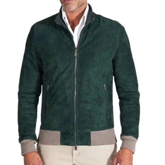 Green Suede Leather Zip Bomber Jacket for men