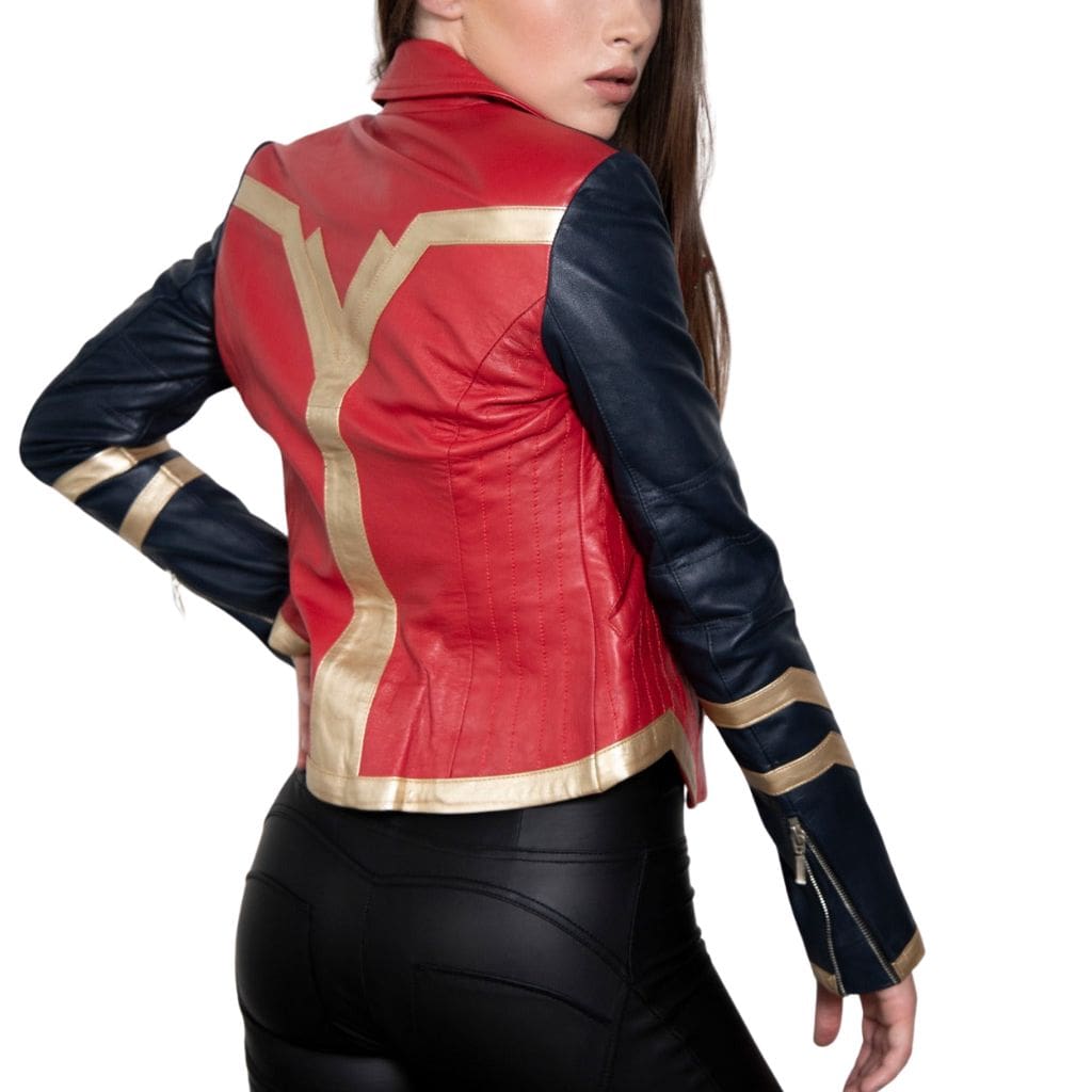Red and black Halloween vegan leather jacket with gold accents back
