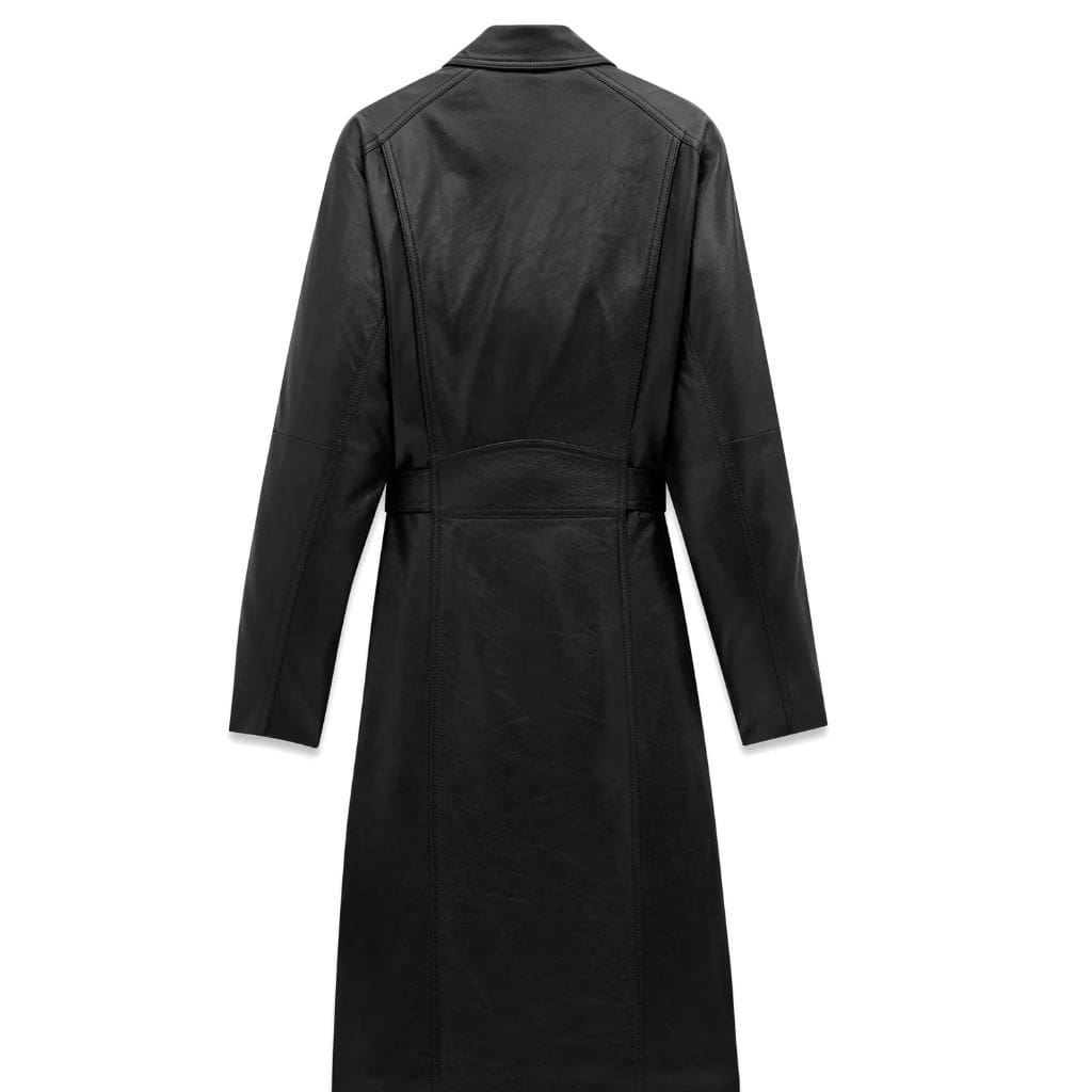 Back Of Women’s Leather Trench Coat With Paneled Detailing