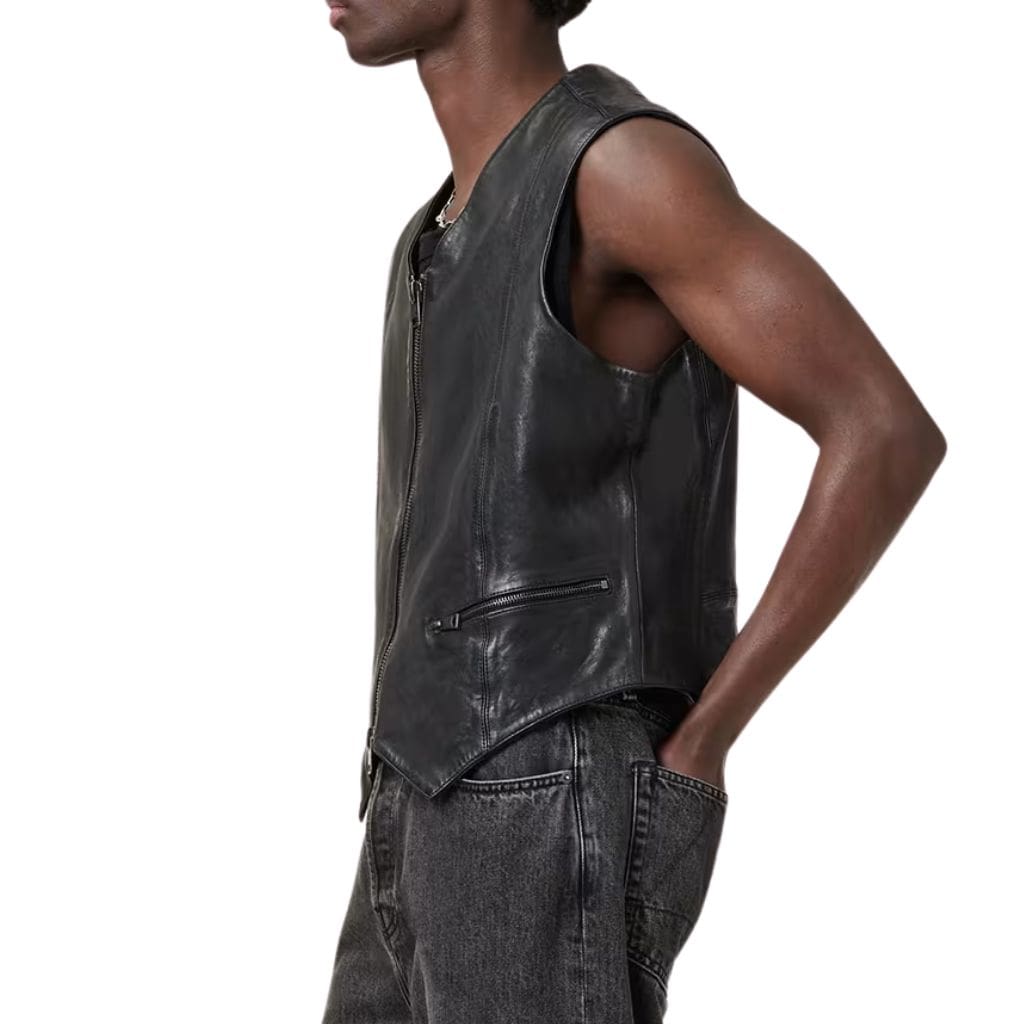 USA  Men Black Leather Waist coat Biker style