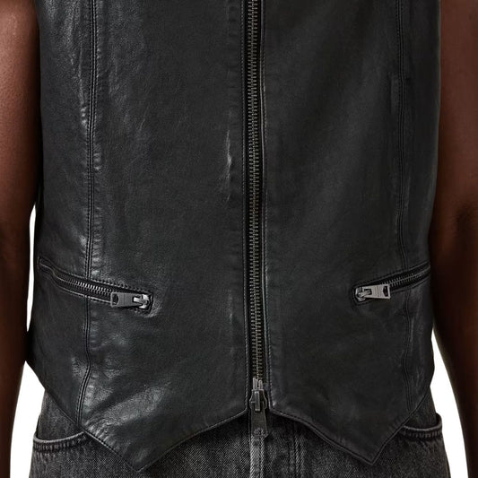 Men Black Leather Waistcoat with Zipper Pockets