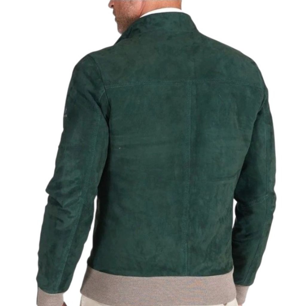 Green Suede Leather Zip Bomber Jacket Back Look with panted detailing
