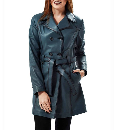 Blue leather coat for women