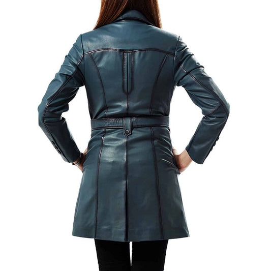 double breasted women leather coat back