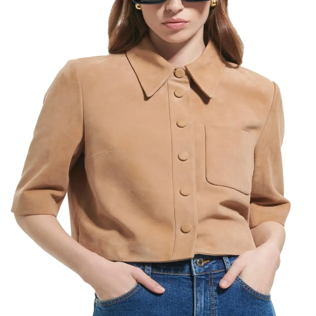 Short Straight Suede Button-Up Leather Shirt in Beige