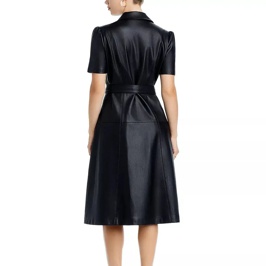 Black Women Genuine Leather Midi Dress