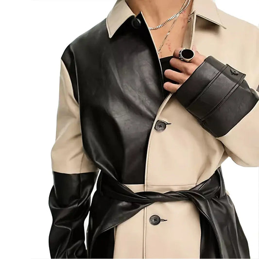 Checks Style Men Leather Trench Coat - Image #2