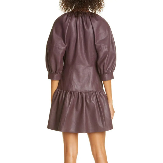 Women's Faux Leather Puff Sleeve Dress - Image #2