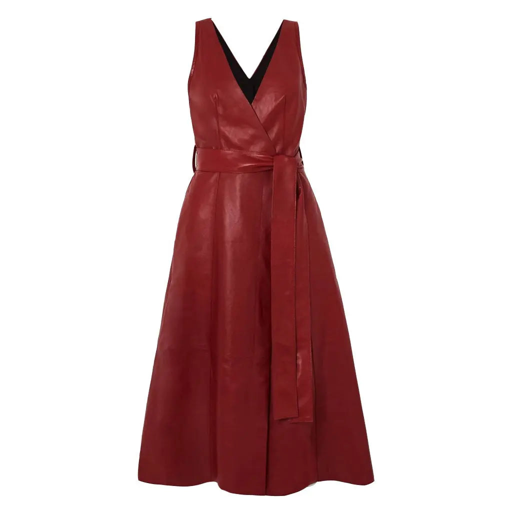 Handmade V neck Midi Calf Red Leather Dress