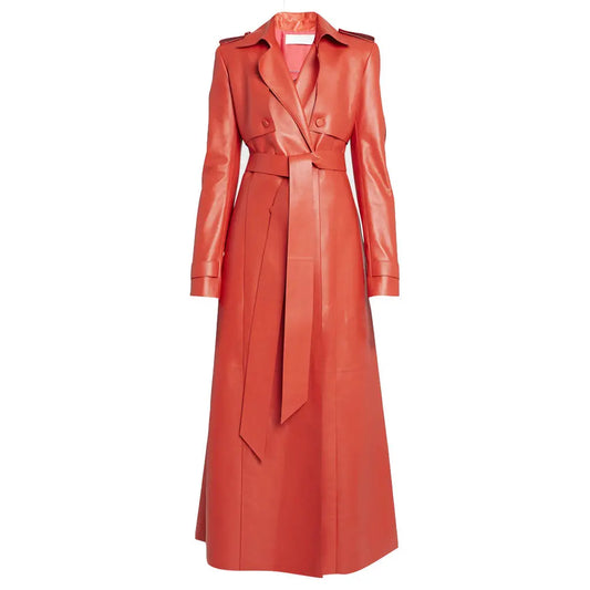 Ladies Red Belted Leather Trench Coat - Image #2