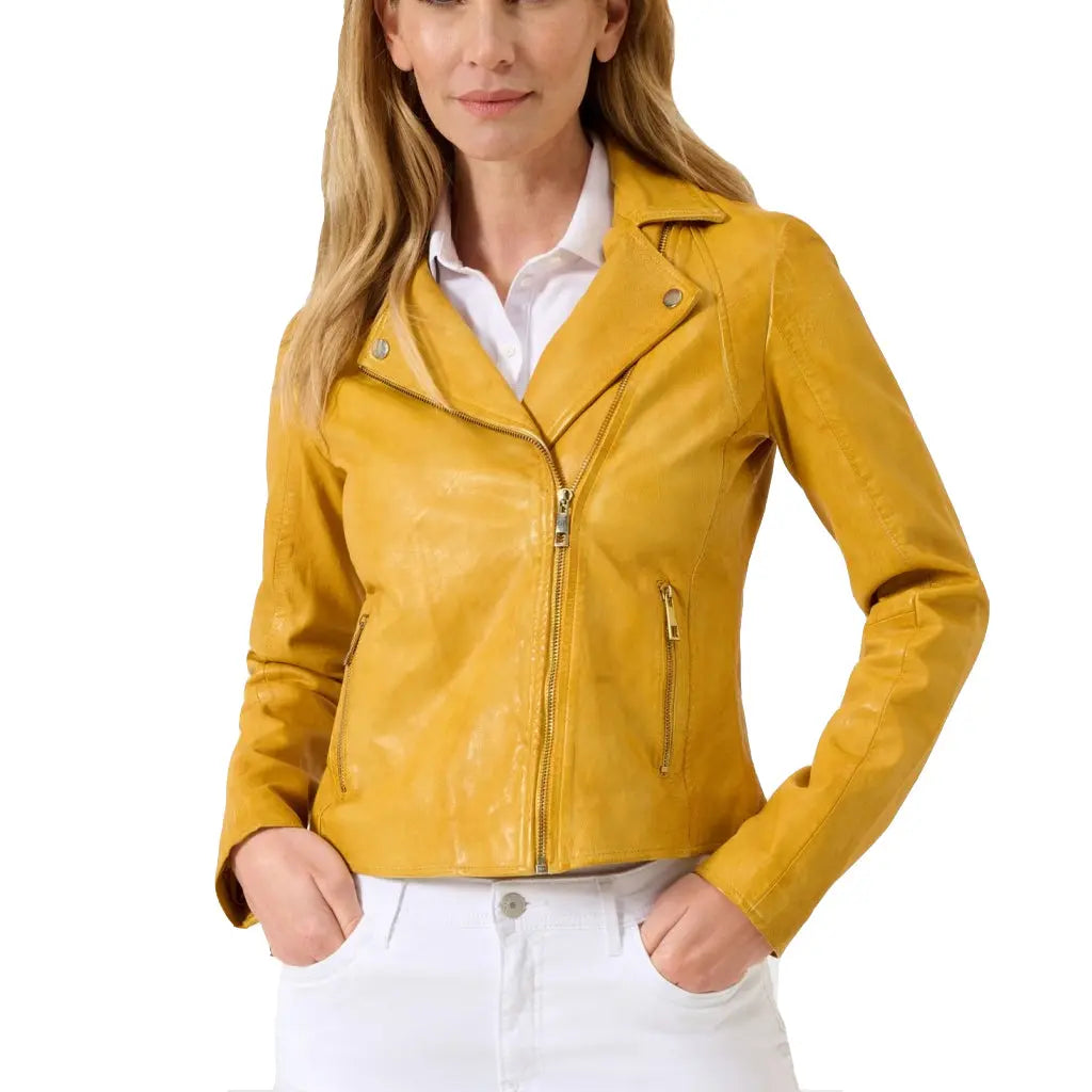 Yellow leather jacket with zipper- Contemporary yellow jacket for women