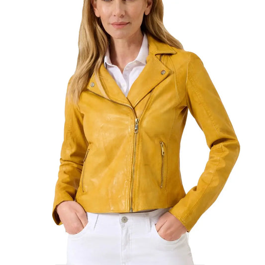 Yellow leather jacket with zipper- Contemporary yellow jacket for women