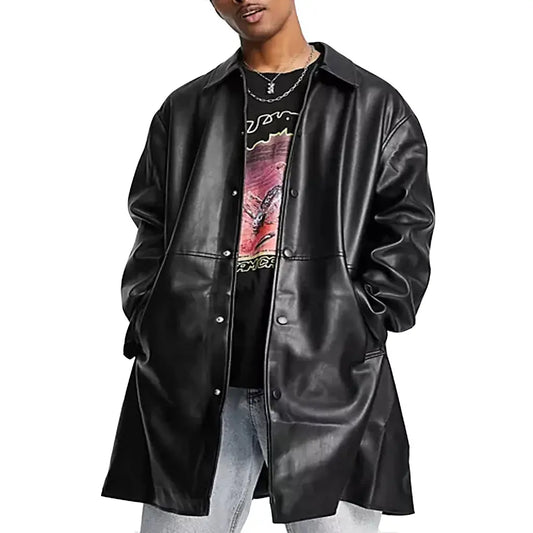 Leatherviz Genuine Leather Longline Trench Coat In Black for Mens