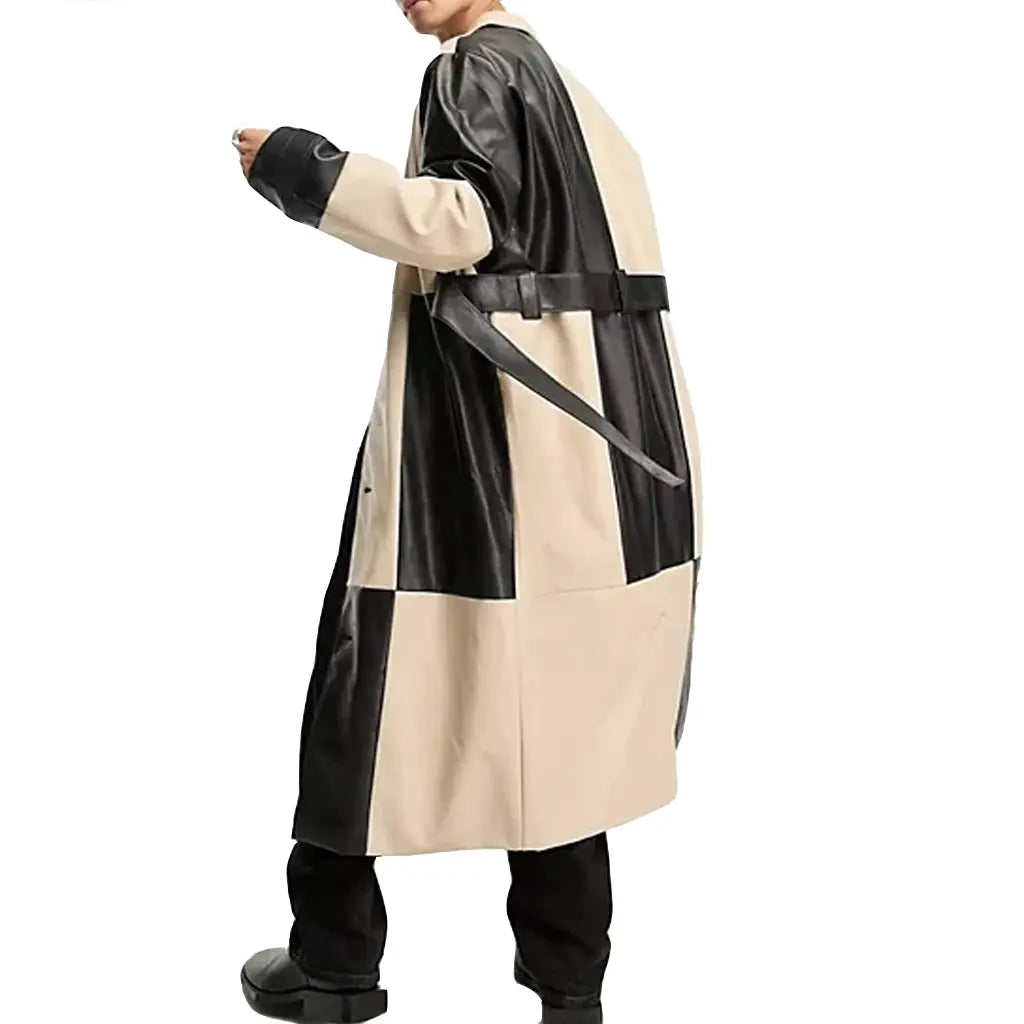 Checks Style Men Leather Trench Coat - Image #3