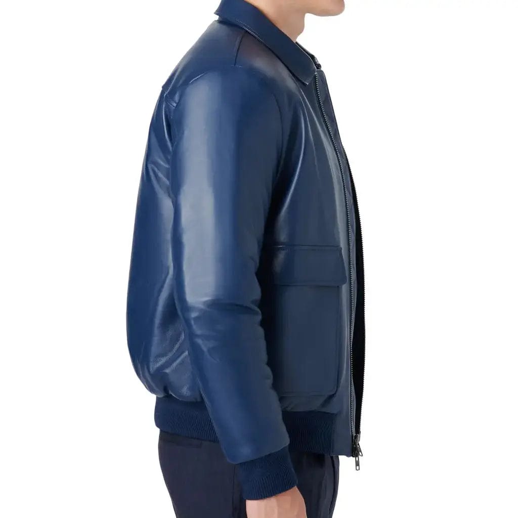 Mens Classic Blue Leather Bomber Jacket - Image #3