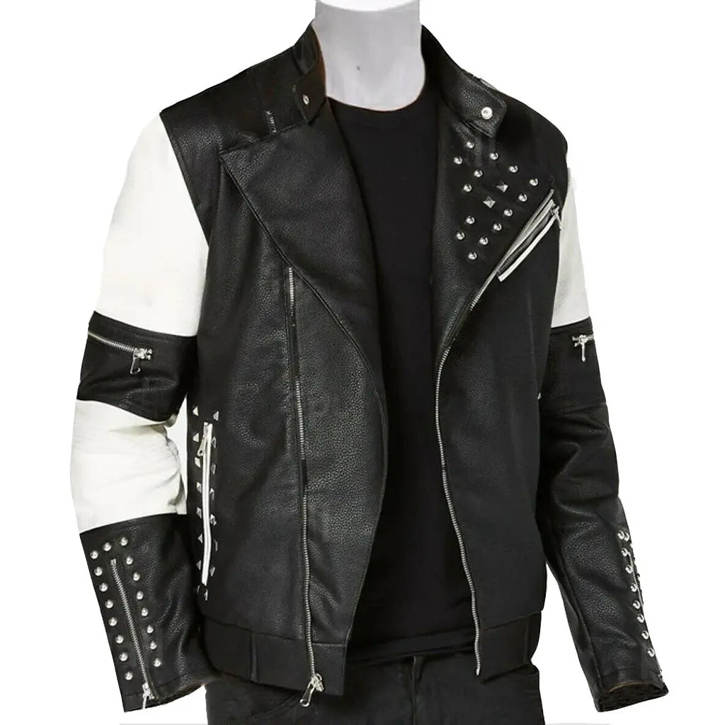 Men s Two Tone Black White Genuine Leather Studded Biker Jacket