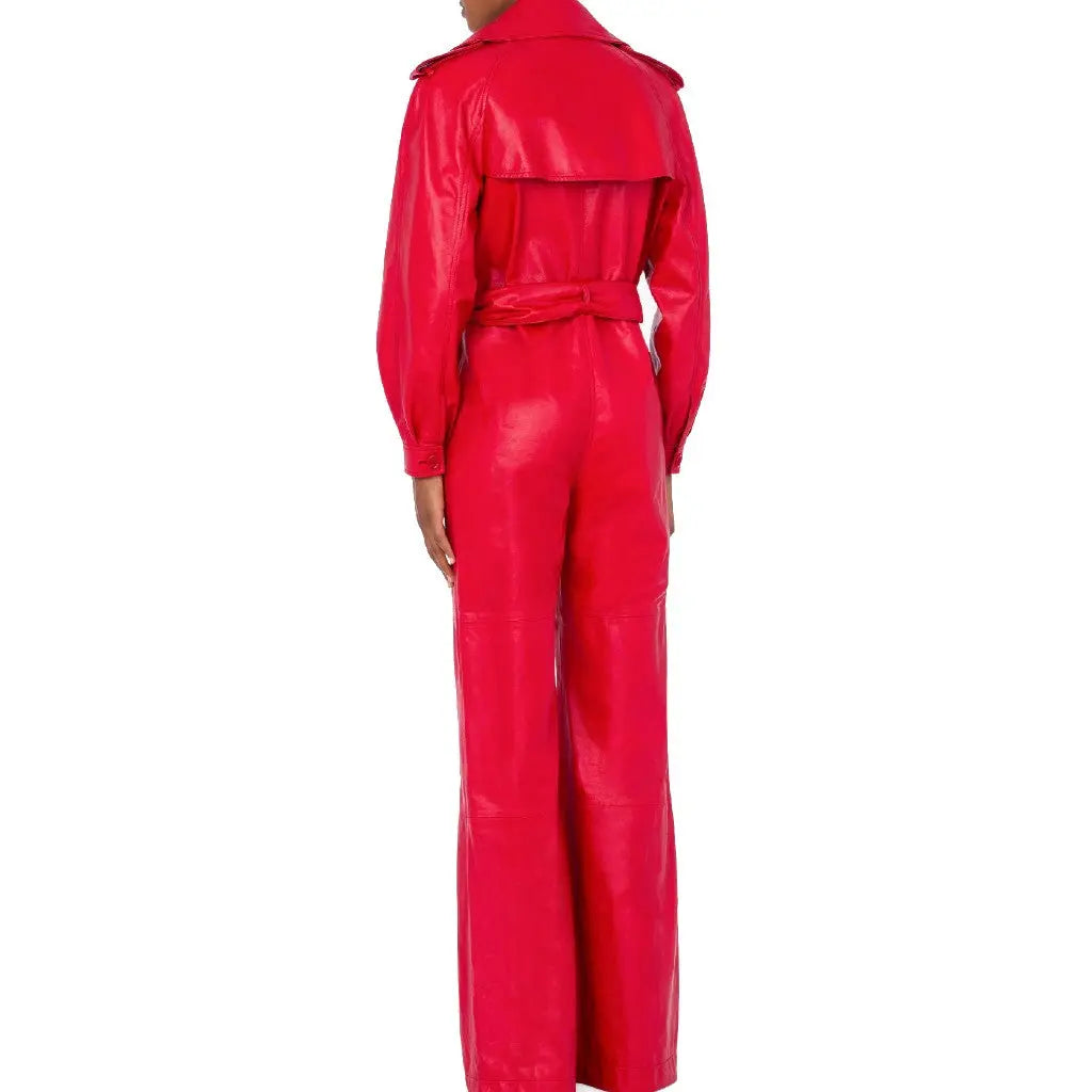 Stylish Windproof Double-Breasted Genuine Leather Jumpsuit in Red - Image #2