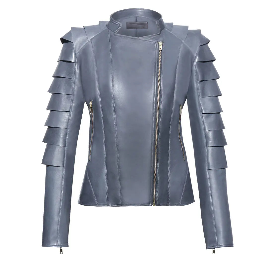 Draped Detailing Womens Gray Leather Jacket, Party Leather jacket