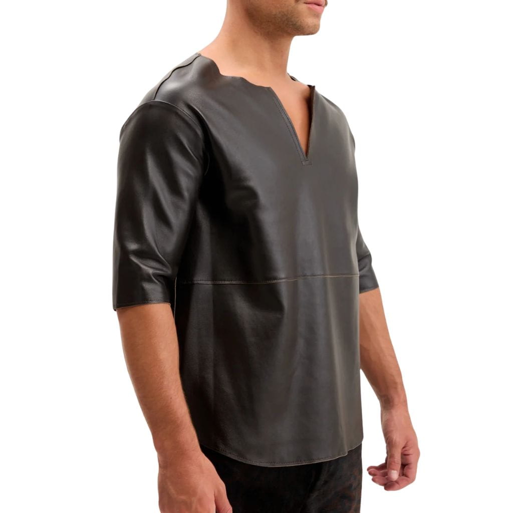 Lambskin Leather V Neck Men T-Shirt Dark Brown