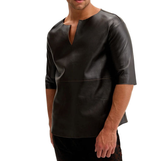 Lambskin Leather V Neck Men T-Shirt