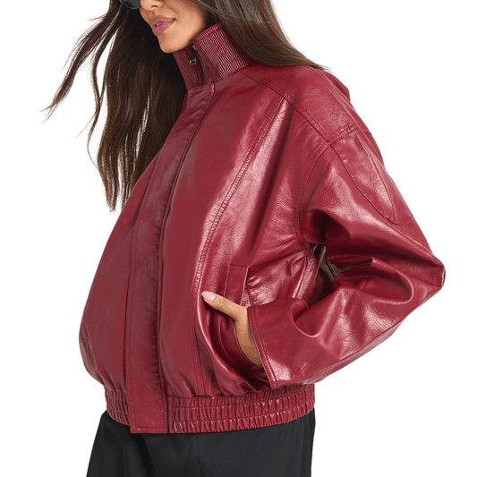 Red Leather Bomber Jacket For Women