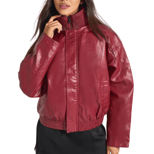 Red Leather Bomber Jacket For Women