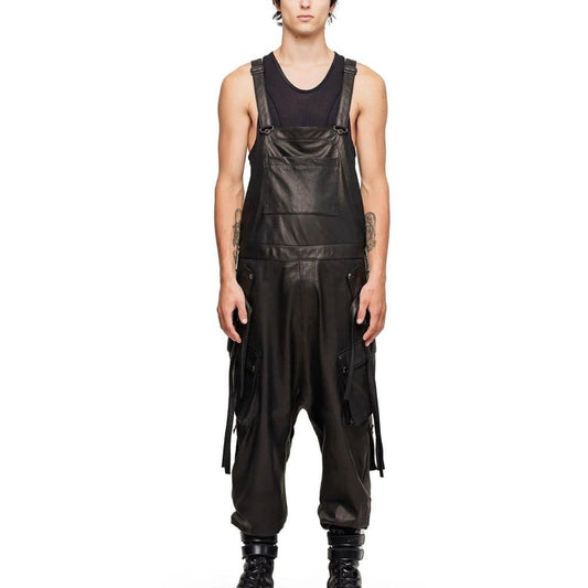 Men Leather Overall in Black Jumpsuit