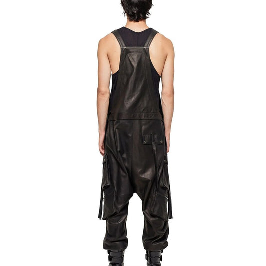 Men Leather Overall in Black Jumpsuit
