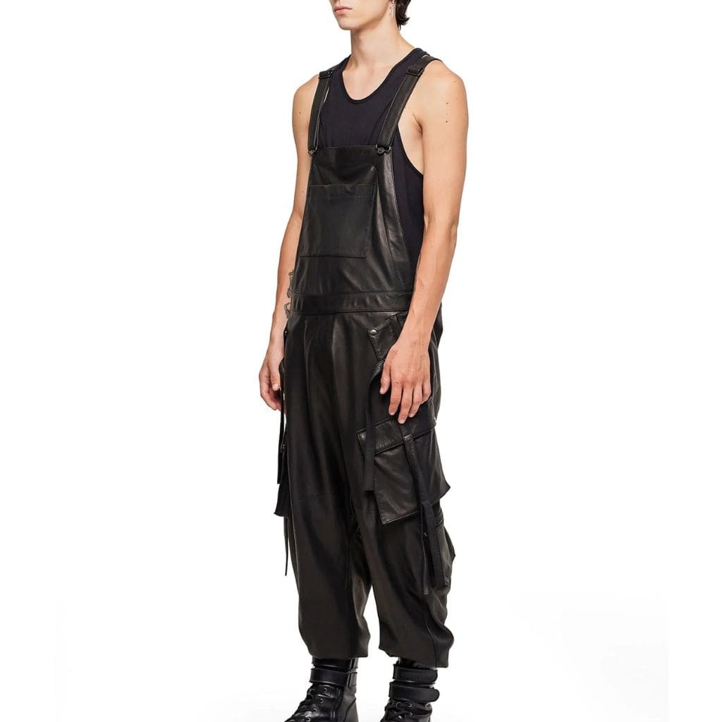 Men Leather Overall in Black Jumpsuit