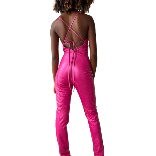 Flattering waist Party leather jumpsuit for womens in Australia