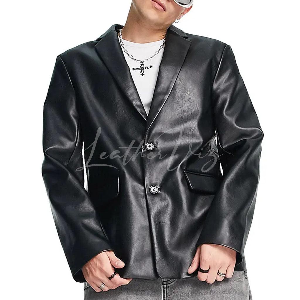Mens Black Blazer - Men's Two Button Peak Lapel Vegan Leather Blazer in Black